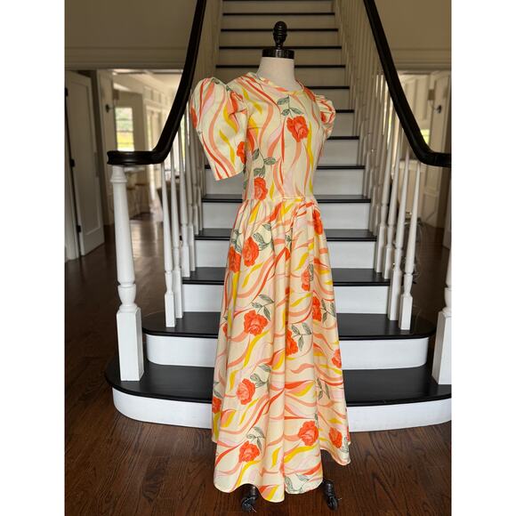 Vintage 80s does 30s 40s Orange Sherbet Coral Floral Maxi Dress Poof Sleeve - Picture 6 of 12